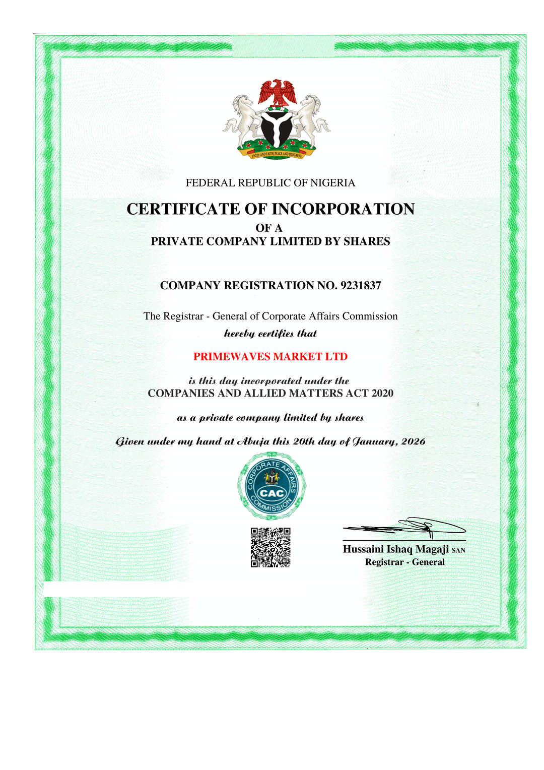 CAC Certificate of Incorporation — RC 9231837